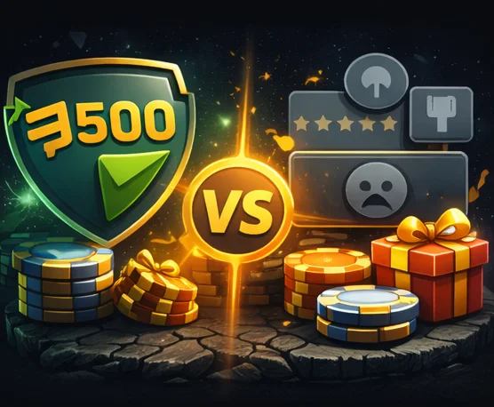 Comparison hero illustration: CSGO500 and alternative platforms with casino chips and bonus elements