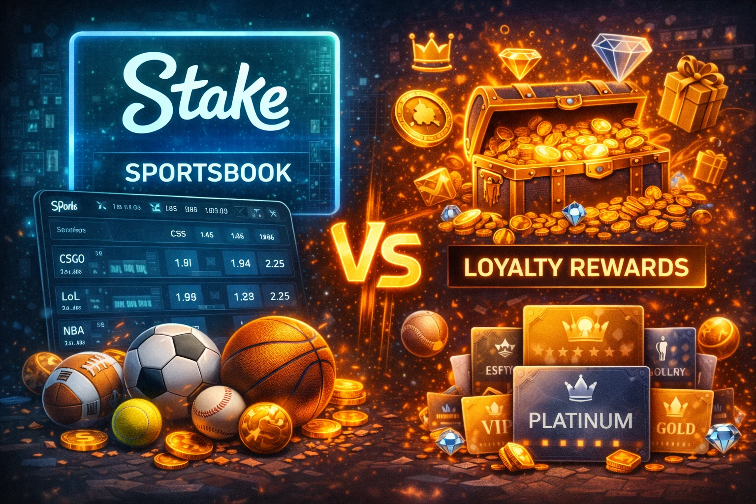 Stake comparison illustration with sportsbook and loyalty rewards theme