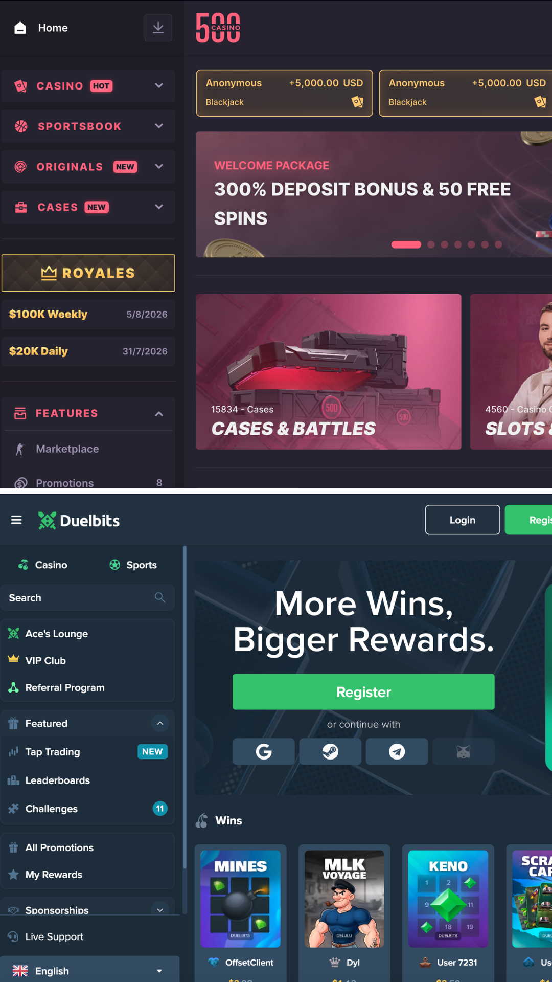 Comparison of CSGO500 and Duelbits menu bars