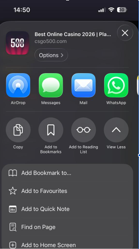 iPhone Safari share menu showing the “add to home screen” option for CSGO500