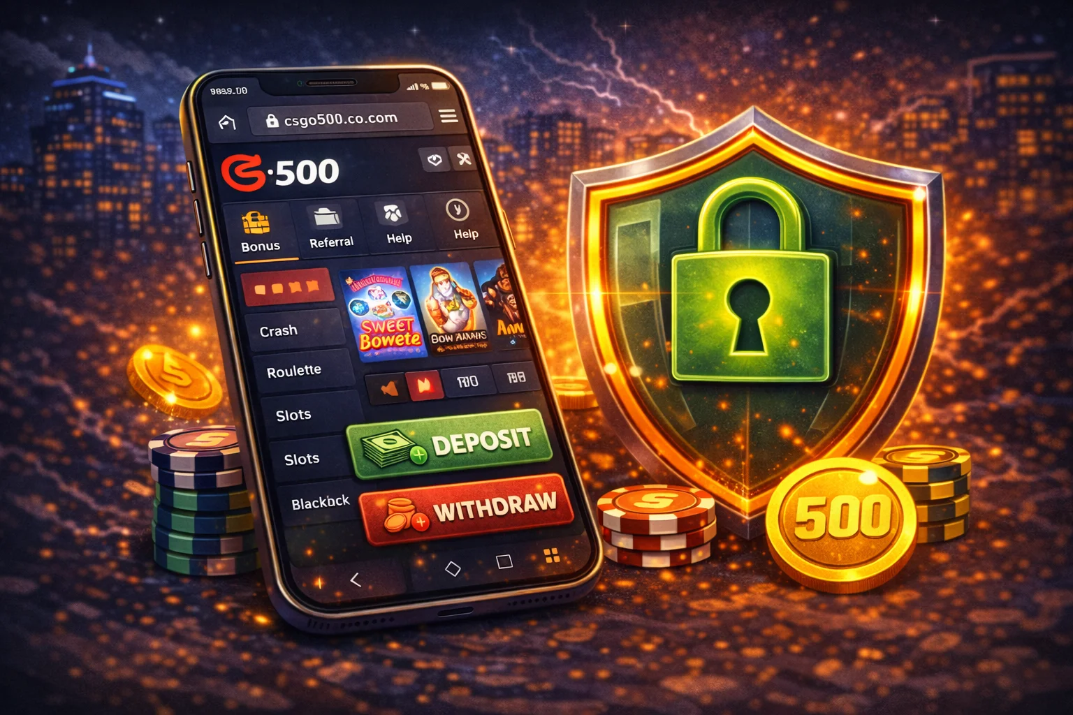 Final mobile access illustration: smartphone, casino chips, secure browser badge