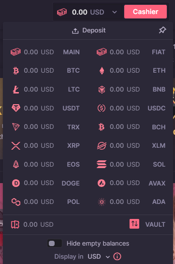 CSGO500 MAIN, FIAT, and digital coin balances