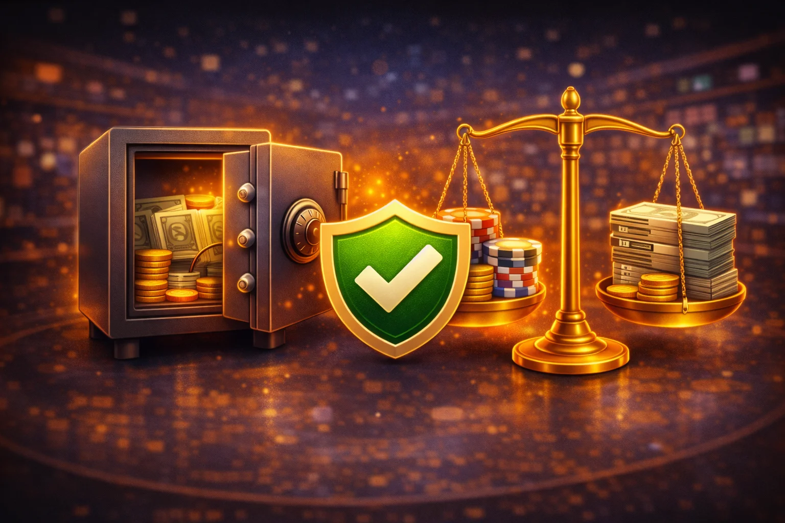 Final deposit illustration: safe funding, confirmation checkmark, and balanced spending concept