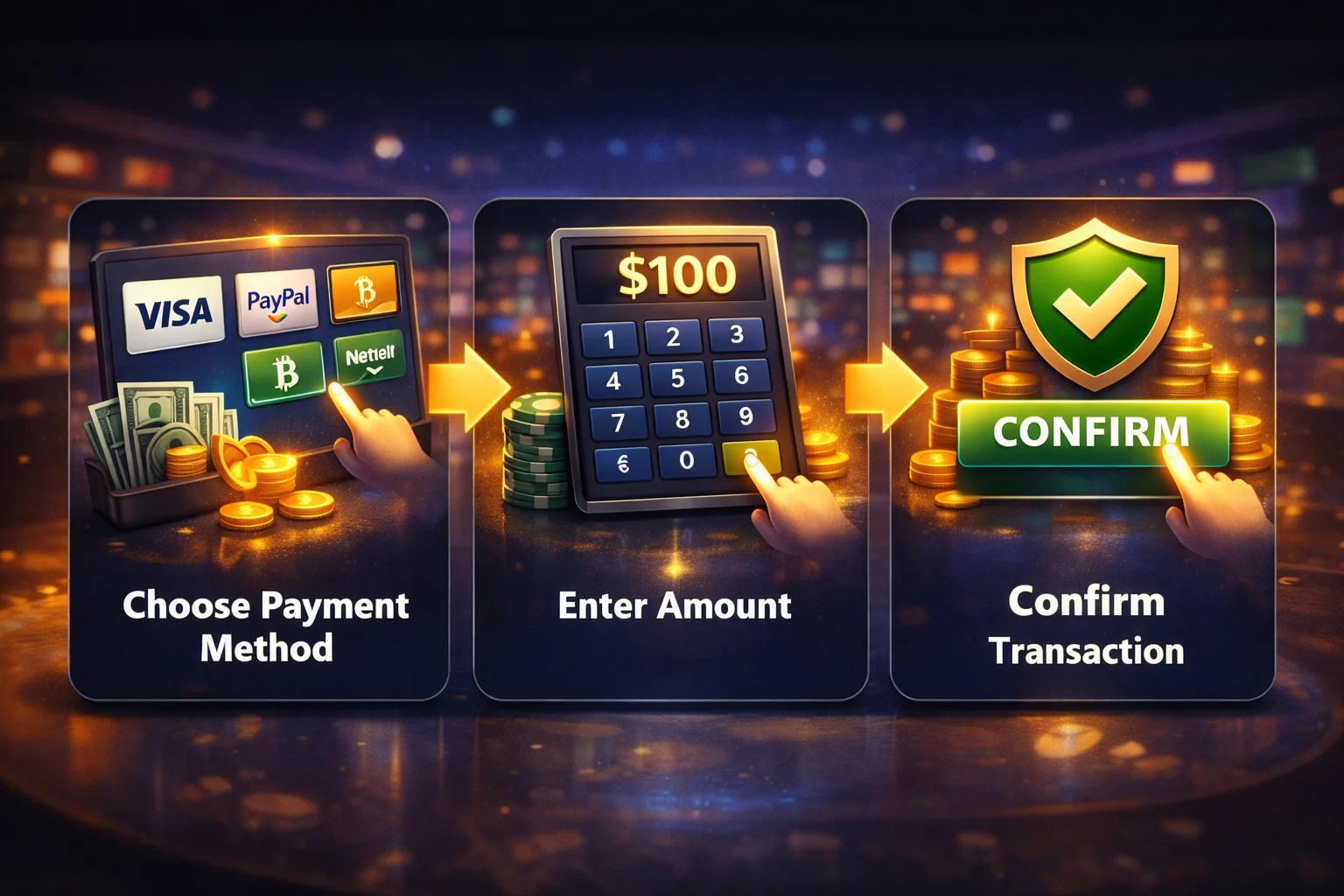 Deposit process illustration: choose payment method, enter amount, confirm transaction steps