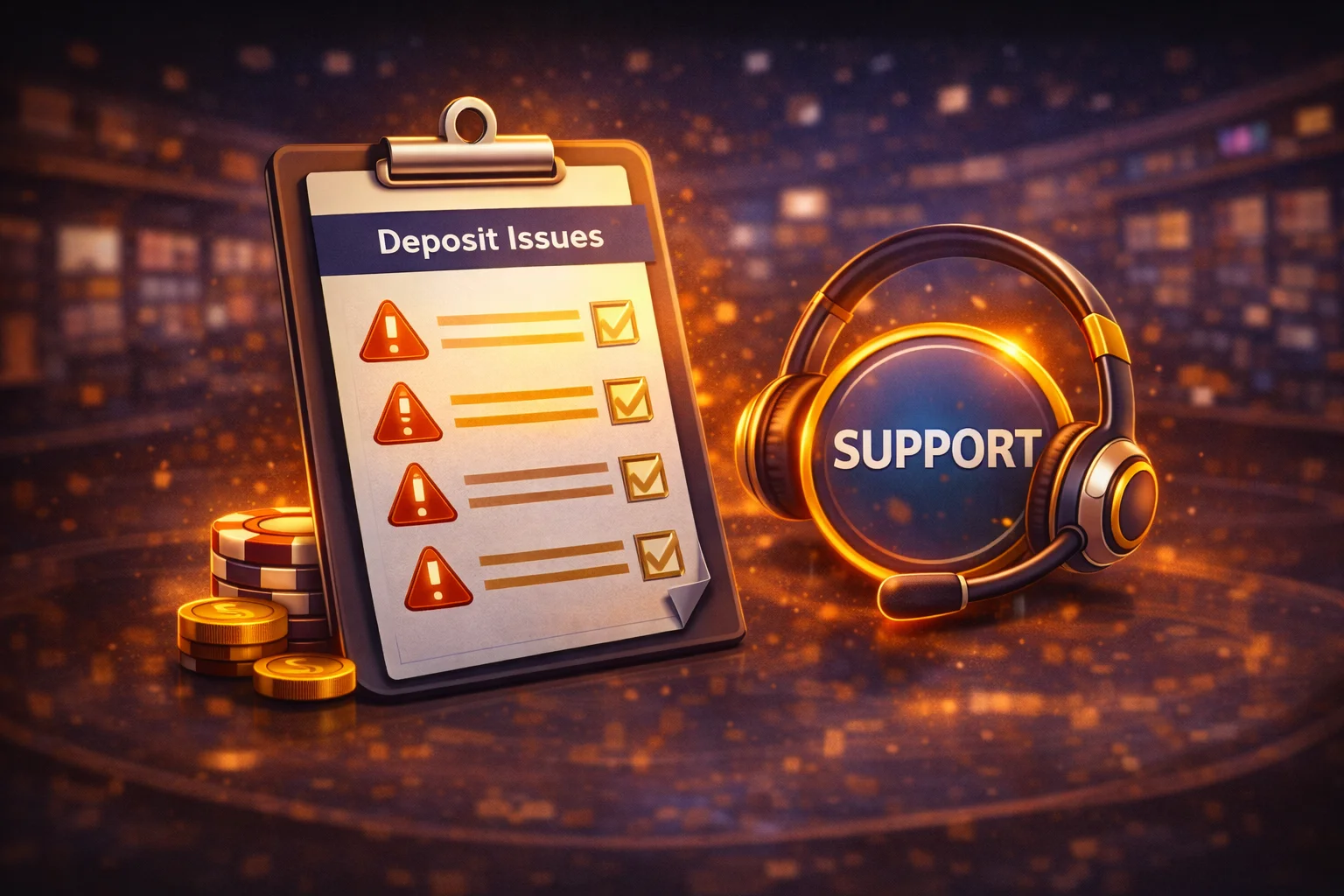 Common deposit issues illustration: checklist with warning icons and support indicator