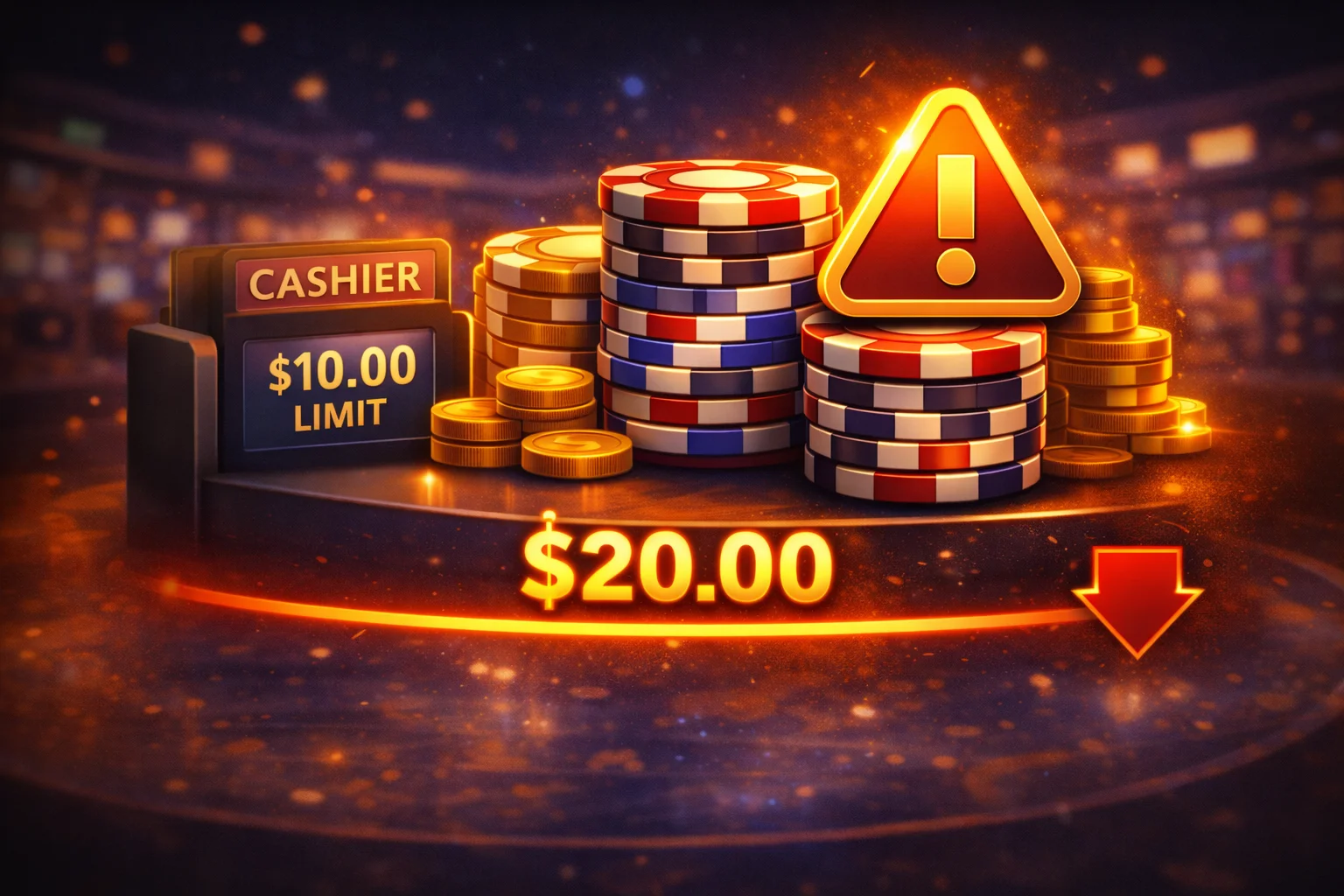 Minimum deposit illustration: amount threshold line, warning badge, and cashier limit indicator