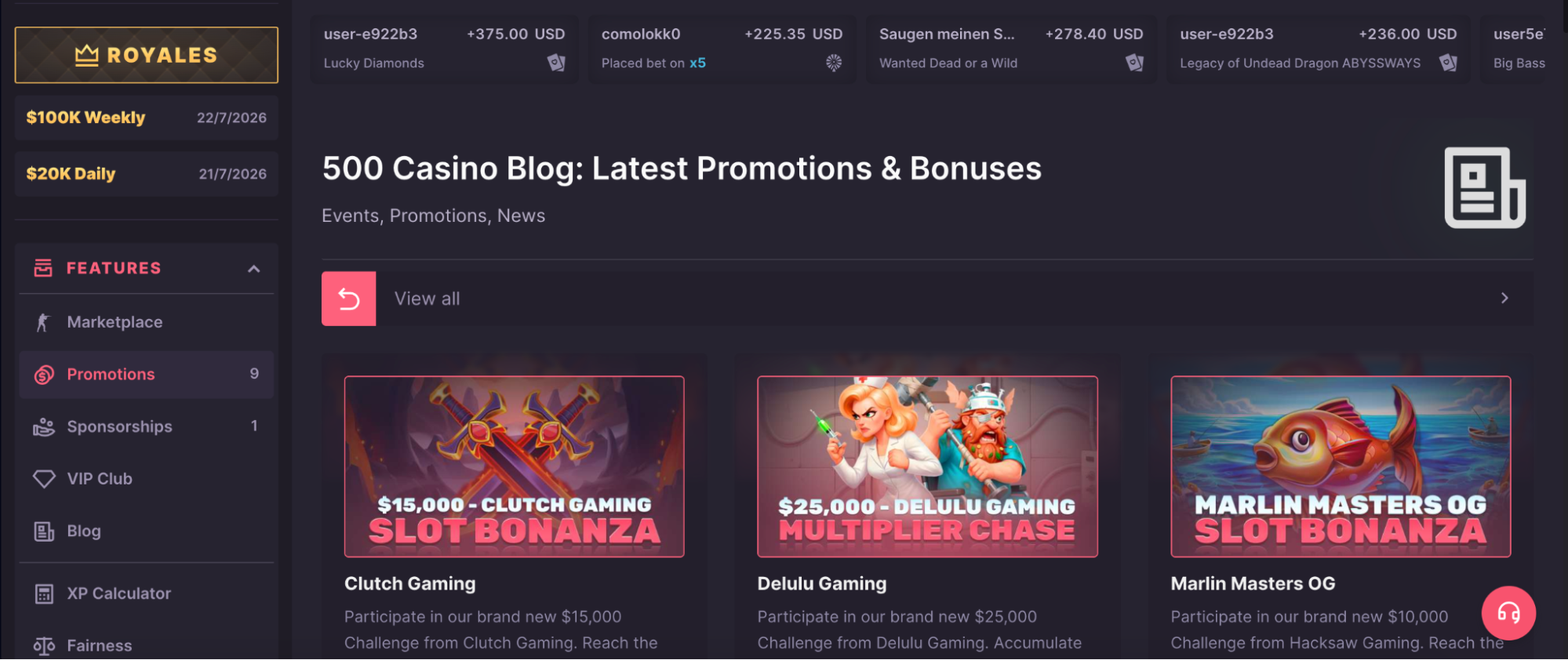 500 Casino promotions page showing current live offers and events.