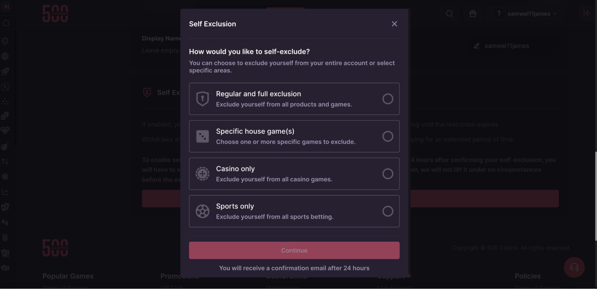 CSGO500 account self exclusion options