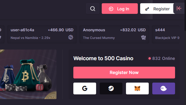 500 Casino Log In and Register buttons during registration.