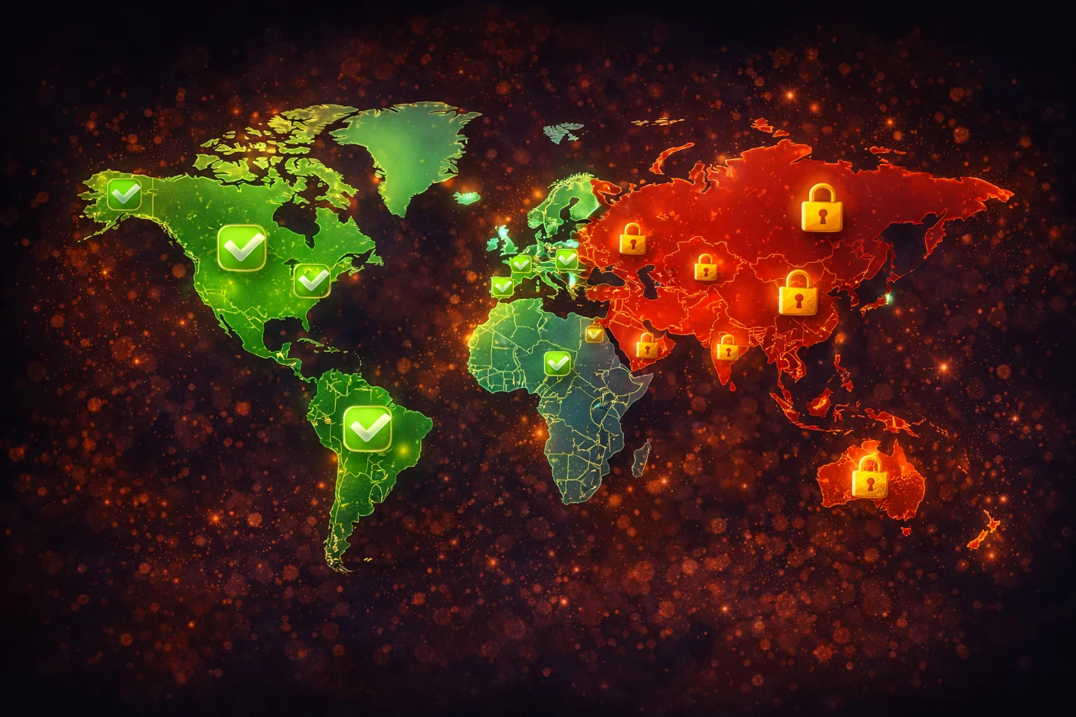Illustration: world map availability concept with allowed and restricted regions indicators