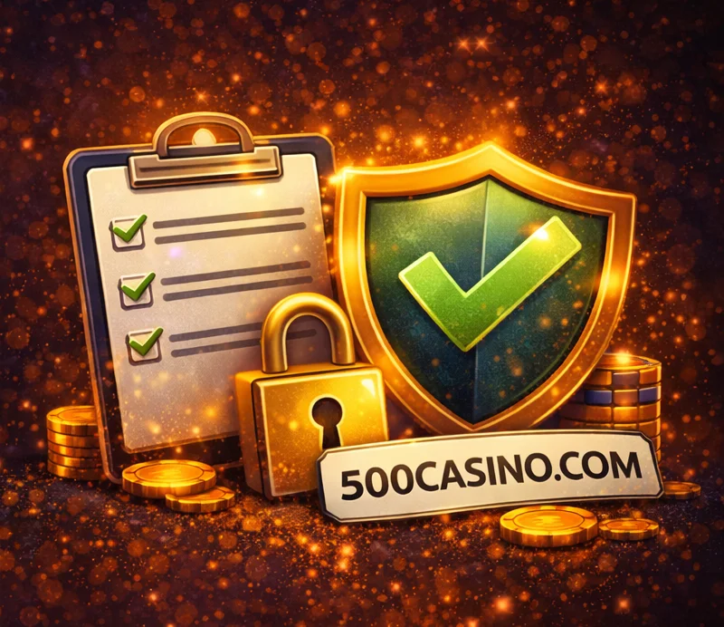 Illustration: safety checklist, verified domain, lock and shield icons for 500 Casino