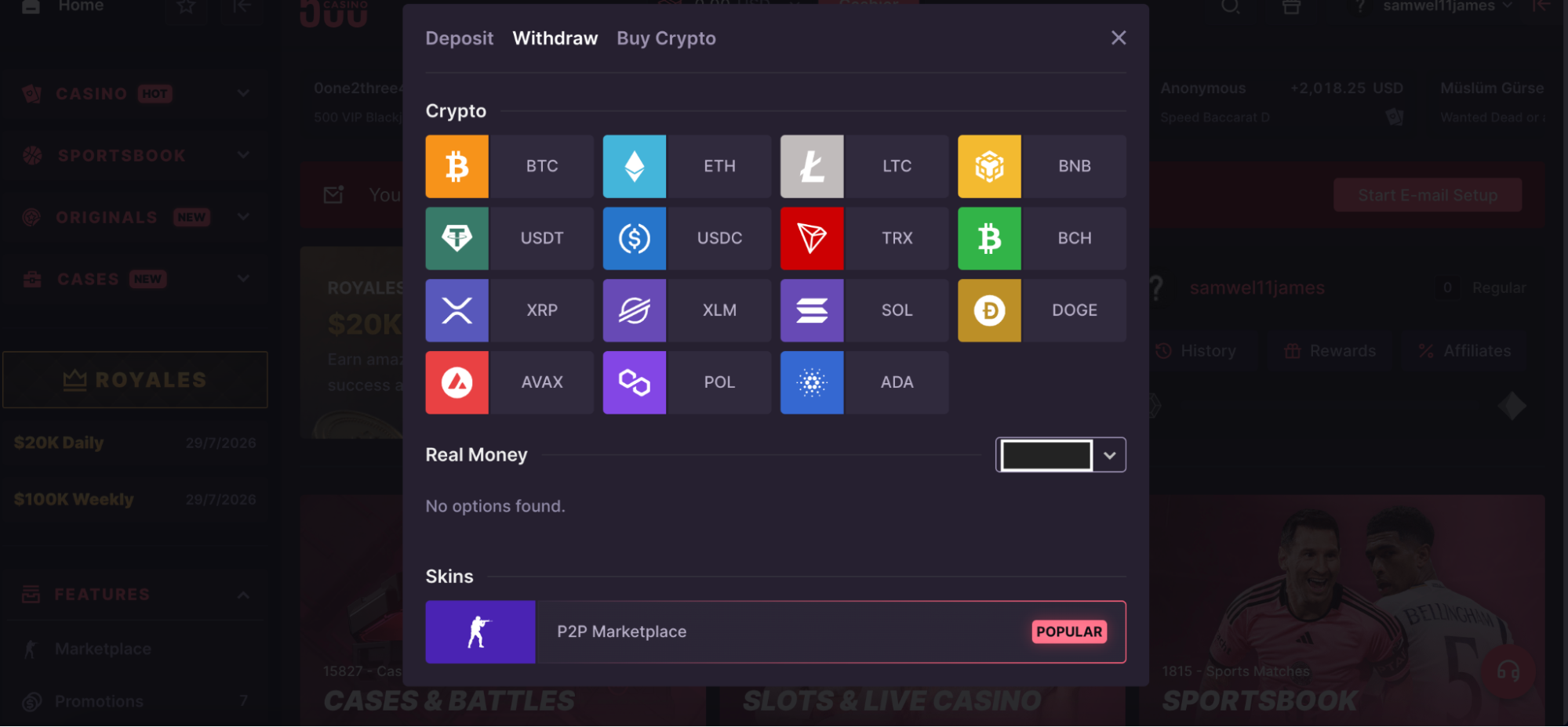 CSGO500 withdrawal page with available cashout methods
