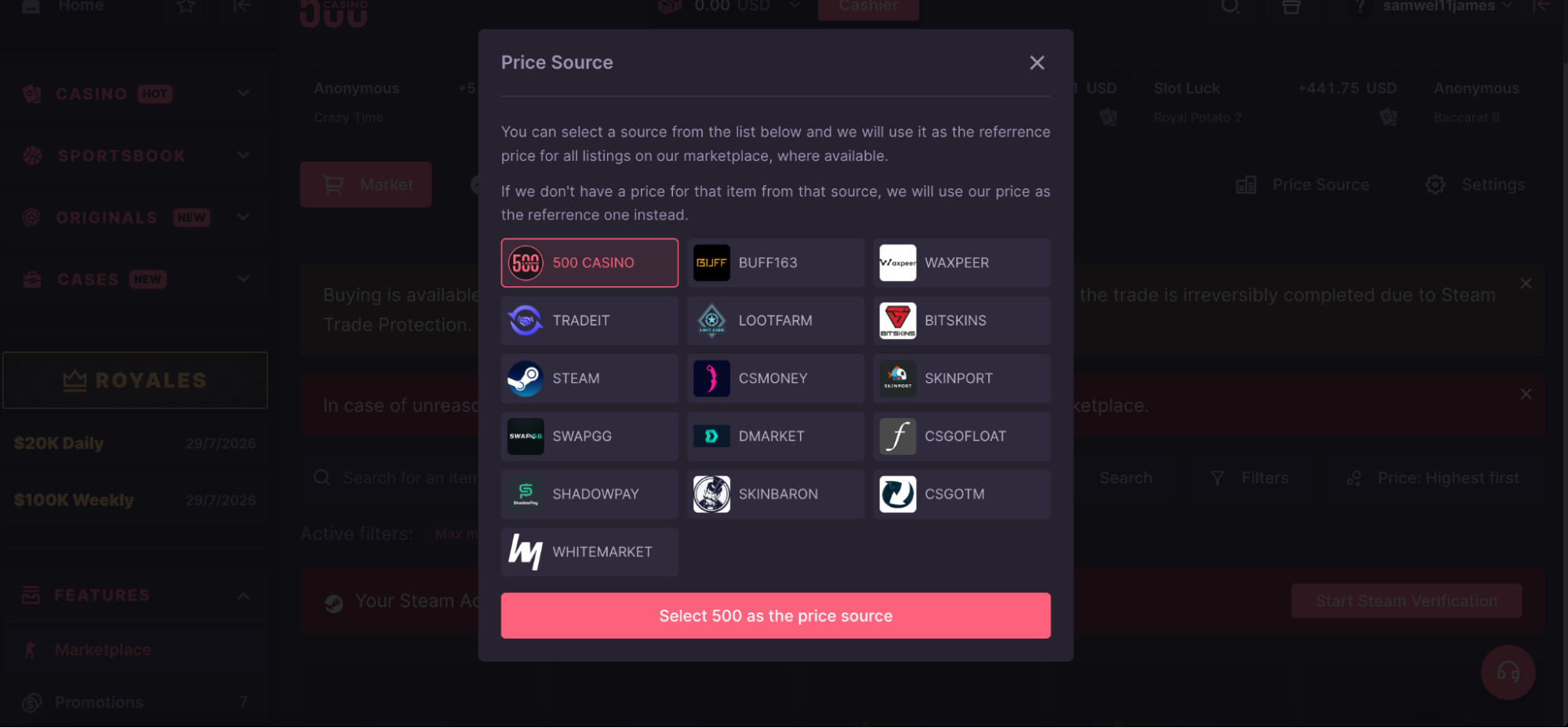 P2P marketplace withdrawal methods available on CSGO500