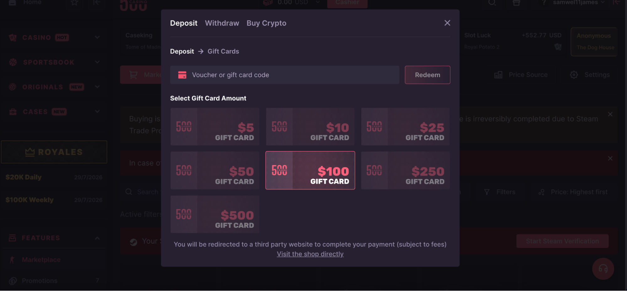 CSGO500 Kinguin Gift Card Section