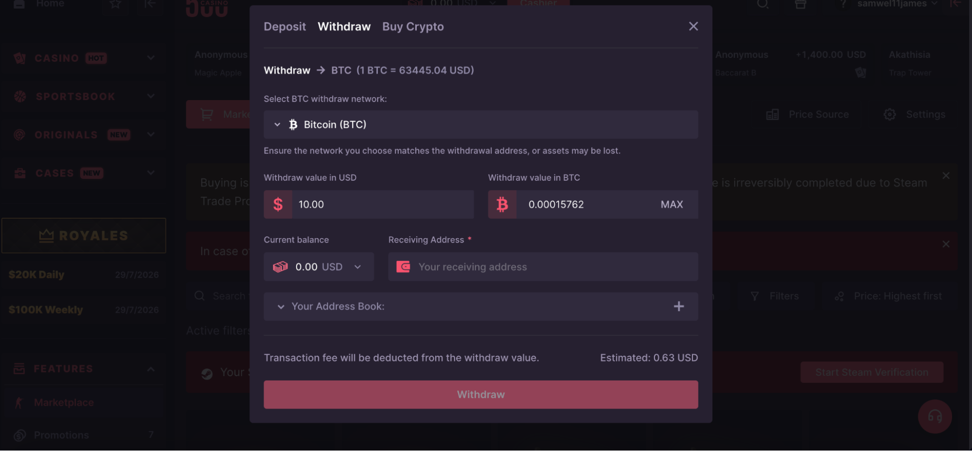 CSGO500 withdrawal page showing balance convert option to crypto