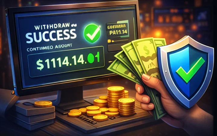 Final withdrawal illustration with confirmed payout, responsible balance management and security badge